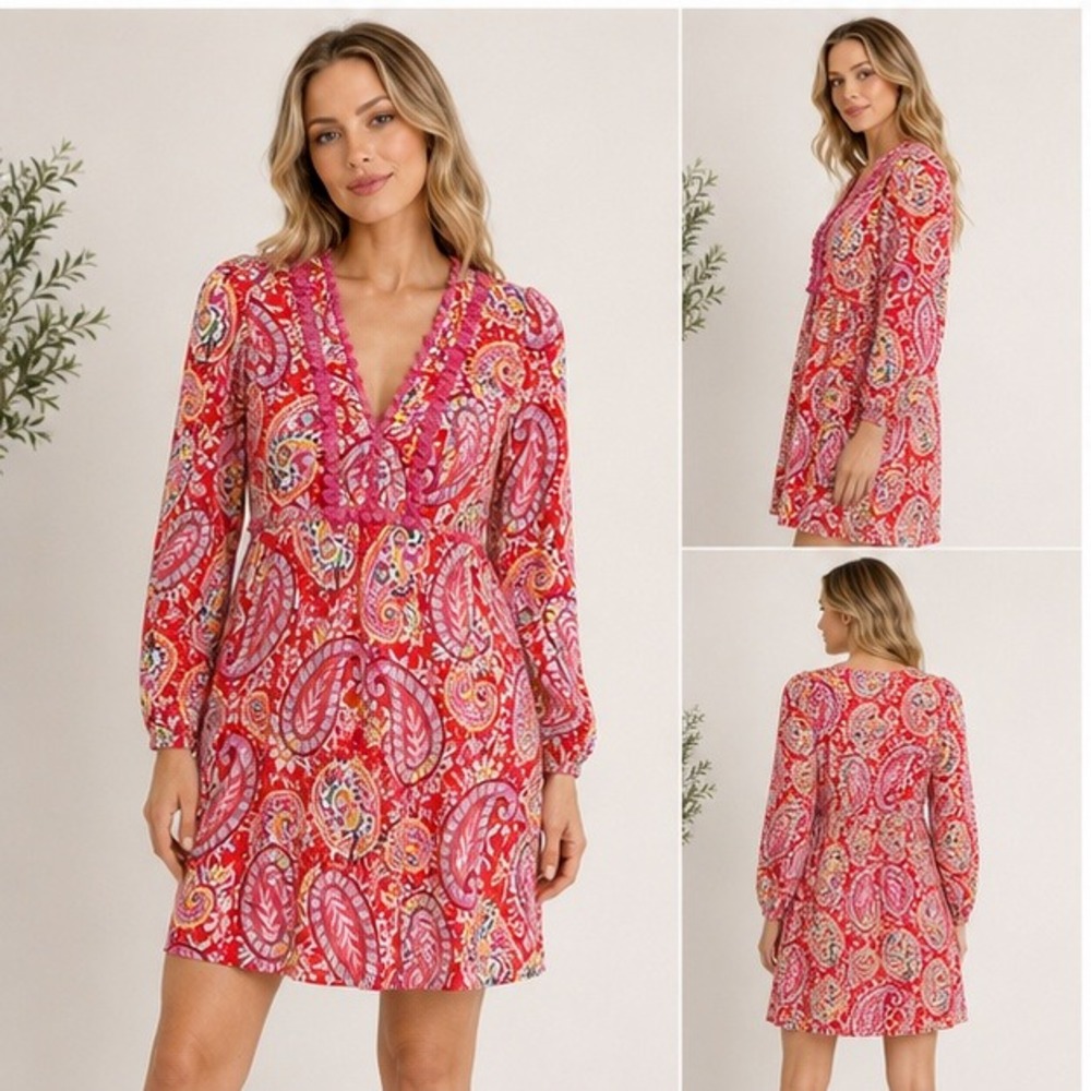 Boden Evangeline Linen Tunic Dress 100% Linen 8 Red/Pink Paisley Pom Pom Trim